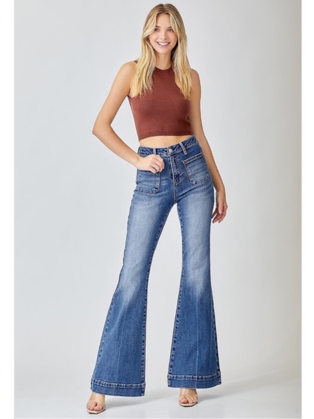 Risen High Rise Front Patch Pocket Flare Leg Jeans Blue Size 1/25